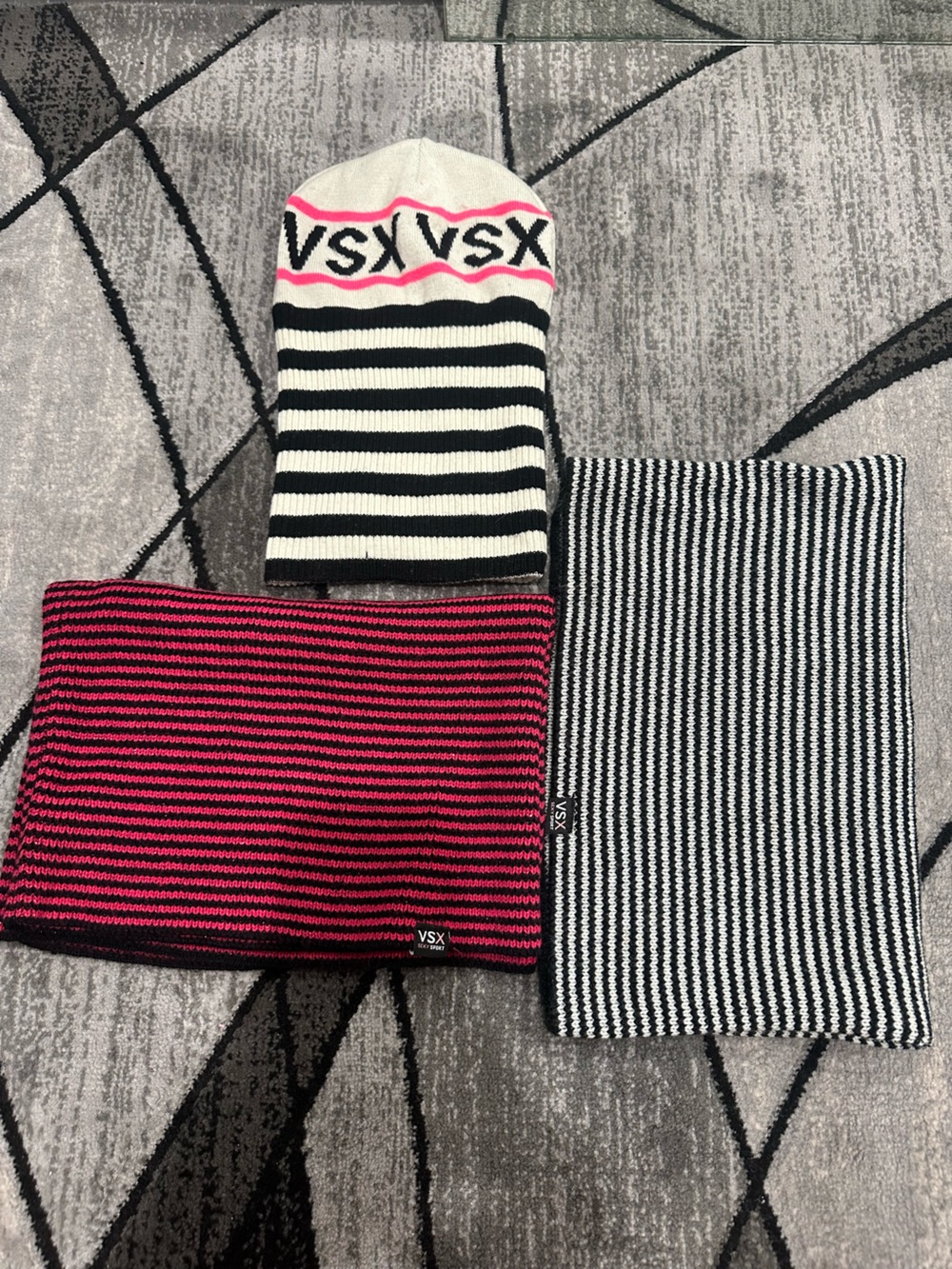 VSX Striped Knit scarf in Black, White & Pink with hat bundle